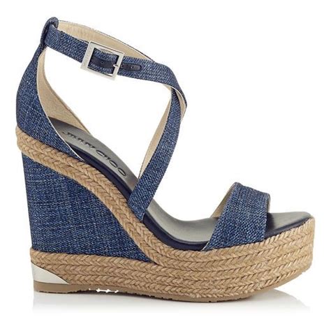 Jimmy Choo Portia 120 Navy Printed Metallic Denim Fabric Covered Wedge