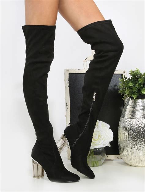 Shop Faux Suede Crystal Heel Thigh Boots Black Online Shein Offers