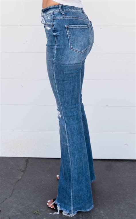 High Rise Button Fly Distressed Flare Jeans Vervet Bad Habit Boutique