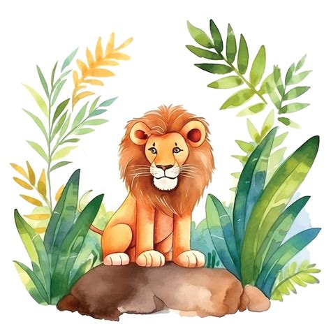 Premium Vector | Lion in jungle cartoon watercolor paint