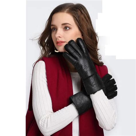 Guantes de piel de oveja auténtica para mujer manoplas de lana para