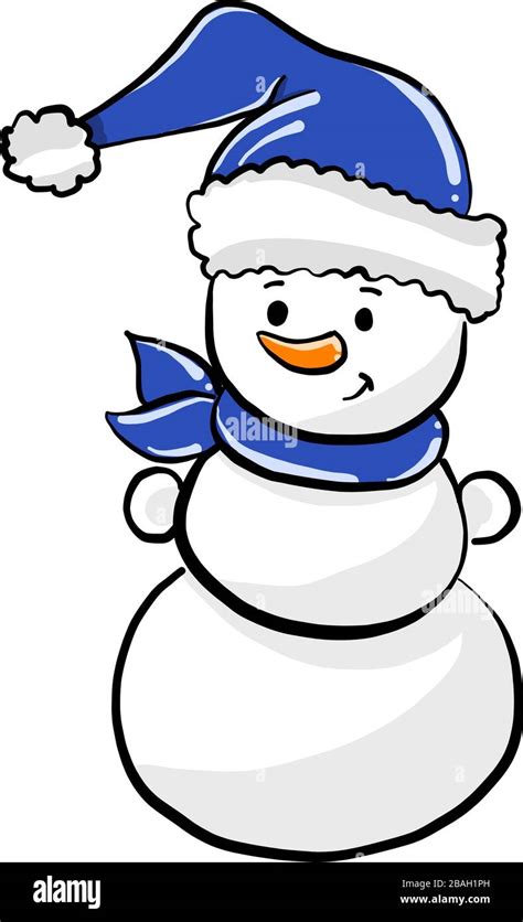 Snowman With Blue Scarf Illustration Vector On White Background Stock