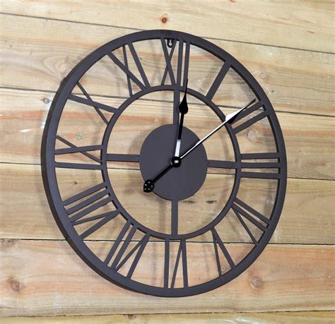 NEW Large Metal Wall Clock Black Roman Numerals Garden Outdoor Skeleton ...