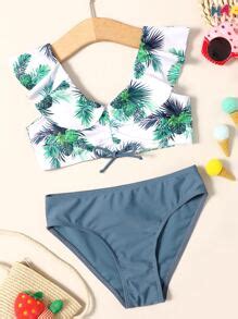 Conjunto de bikini con nudo delantero tropical para niñas preadolescentes playa de verano
