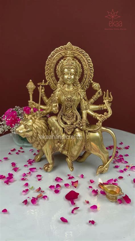 Brass Goddess Durga Statue on Lion for Home Temple – Ekaa Handicrafts