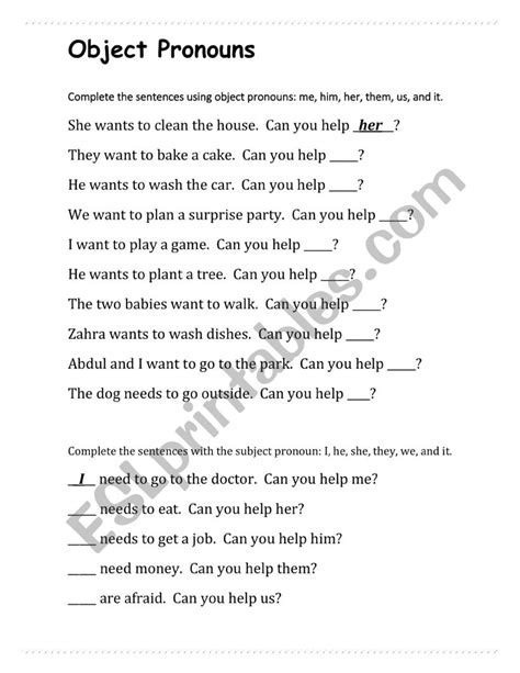 Subject Object Pronoun Fill In The Blank Esl Worksheet By