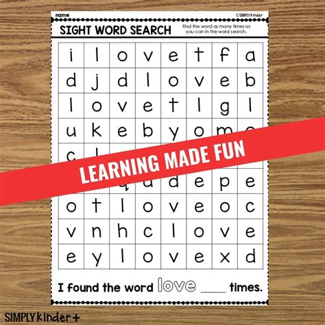 Love Sight Word Search Simply Kinder Plus