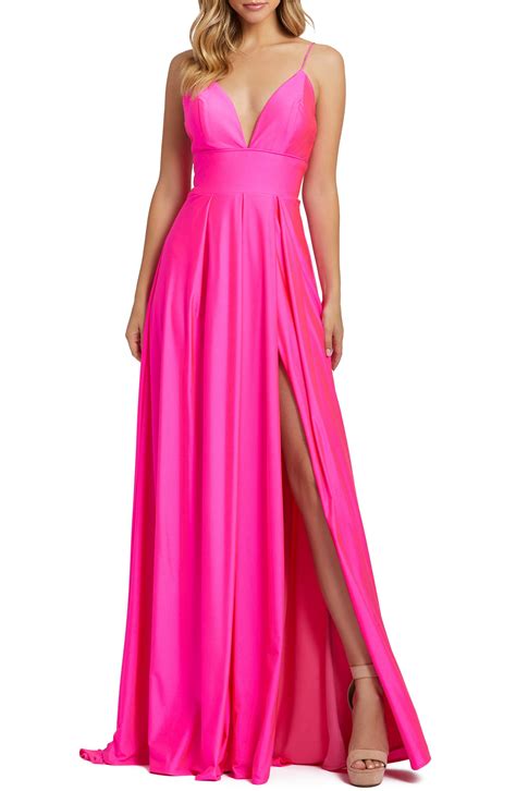 Mac Duggal Plunge Neck Pleated Gown In Electric Pink Pink Lyst