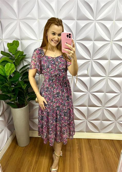 Vestido no Chiffon Floral Mídi Catarina Preto Roxo Milla Chic