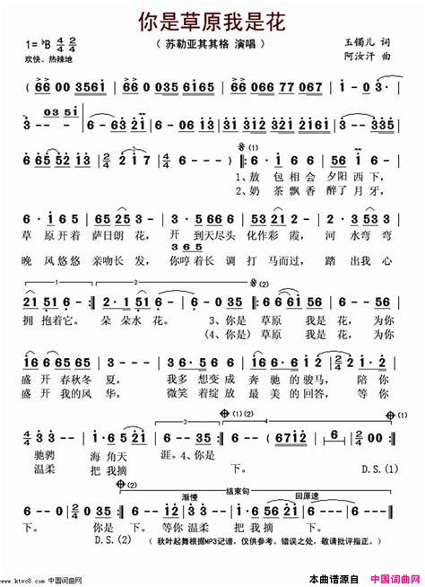 你是草原我是花简谱 苏勒亚其其格演唱 玉镯儿阿茹汗词曲 简谱网