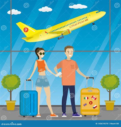 Cartoon Caucasian Couple Of Travelers At The Airport Stock Vector