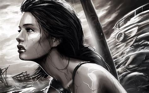 Sfondi Disegno Monocromo Anime Lara Croft Tomb Raider Arte Bw