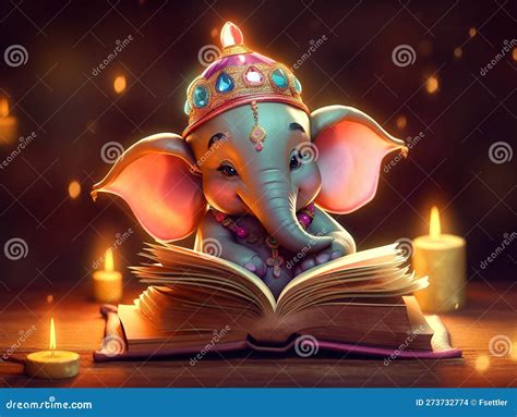 Cute Cartoon Baby Lord Ganesha Reading A Big Magic Book Generative Ai