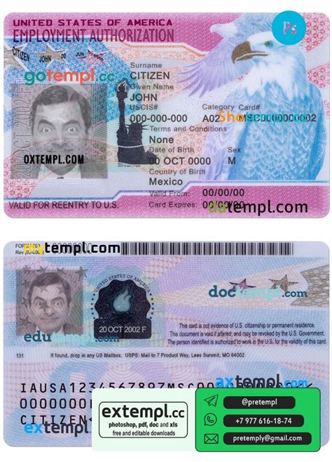 Example Usa Employment Authorization Card Psd Template With Fonts Extemplcc