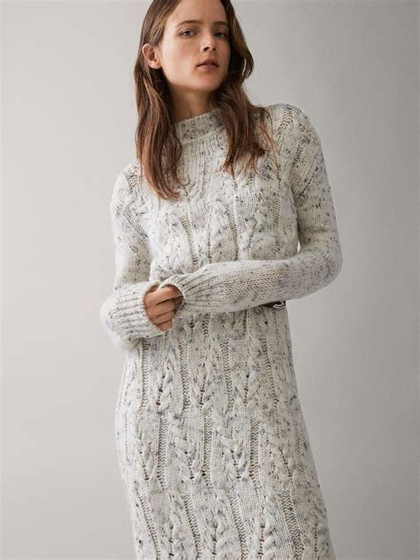 FLECKED CABLE KNIT WOOL DRESS Women Massimo Dutti Wool Knitted