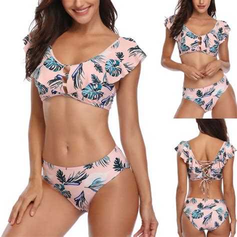 Women Summer Sexy Bikini Bra Set Bow Bandege Push Up Stripe Swimwear