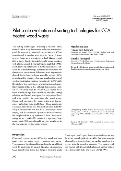 Pdf Pilot Scale Evaluation Of Sorting Technologies For Cca Treated