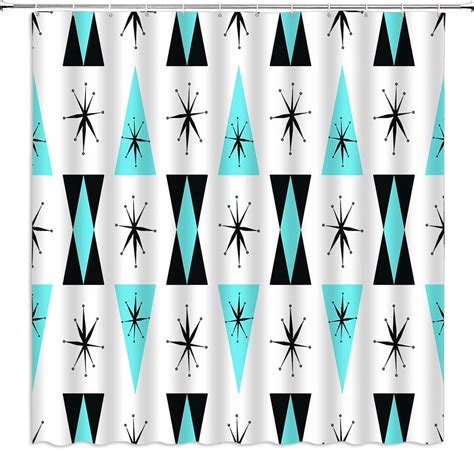 Mid Century Shower Curtain Atomic Starbursts Retro Abstract Geometric