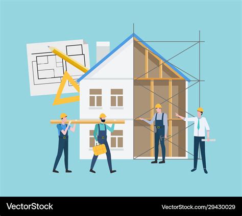 Construction House Workers And Building Royalty Free Vector