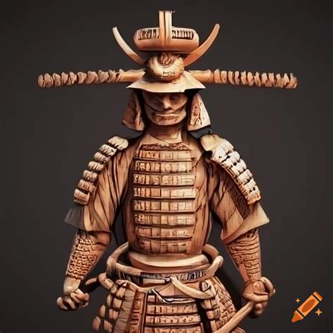 D Wooden Carving Of A Samurai With Katana