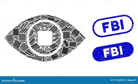 Rectangle Collage Bionic Eye Lens With Grunge Fbi Stamps Stock Vector