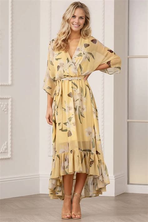 Floral Print Kimono Yellow Wrap Dress