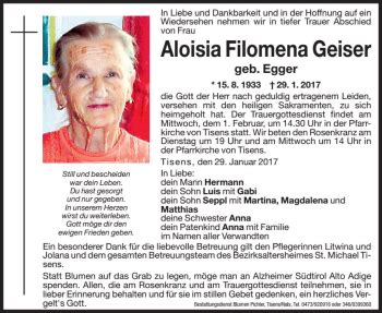 Traueranzeigen Von Aloisia Filomena Geiser Trauer Bz