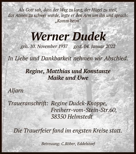 Traueranzeigen Von Werner Dudek Az Trauer De