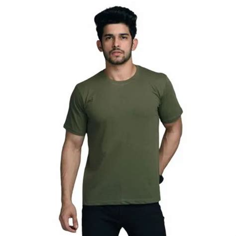 Round Half Sleeve Mens Plain Olive Green Cotton T Shirt Size S Xxl At