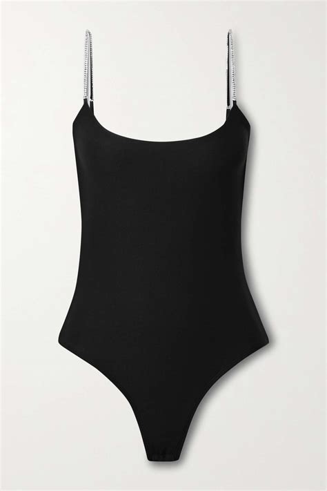 Black Hirst Crystal Embellished Cutout Stretch Jersey Thong Bodysuit