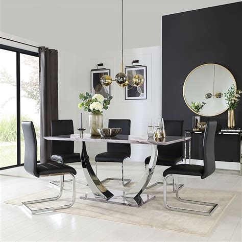 Peake Dining Table And 4 Perth Chairs Grey Marble Effect And Chrome Black Classic Faux Leather