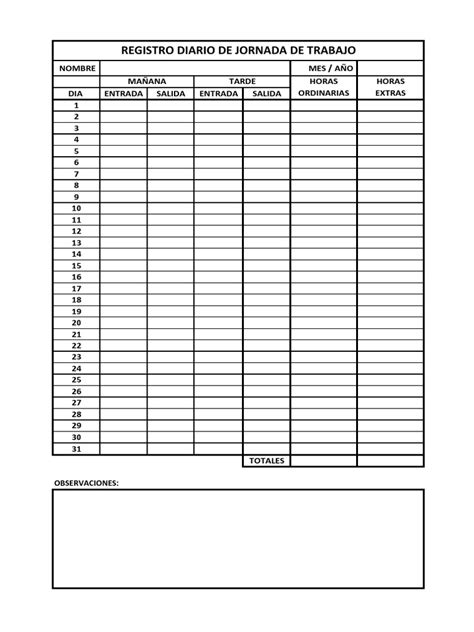 Registro Diario De Jornada De Trabajo Pdf Pdf