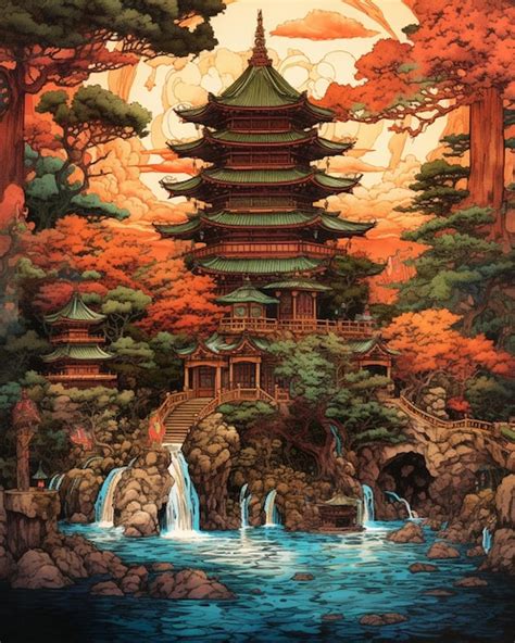 Premium AI Image | A painting of a japanese temple surrounded by trees ...