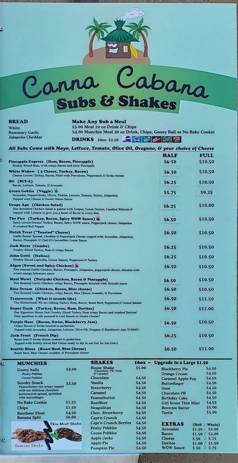 Menu At Canna Cabana Subs And Shakes Restaurant Lacey