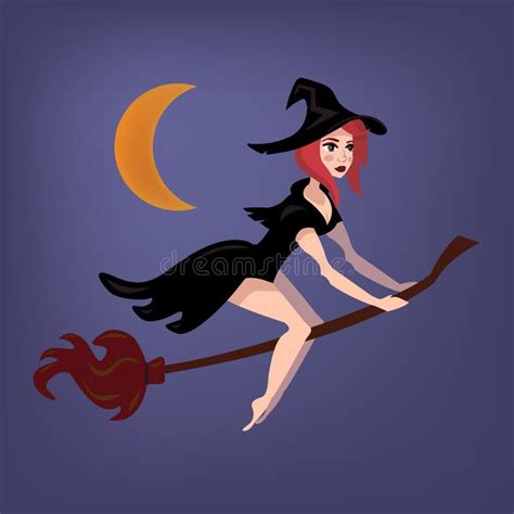 Beautiful Witch Flying on the Broom in the Halloween Night. Stock ...