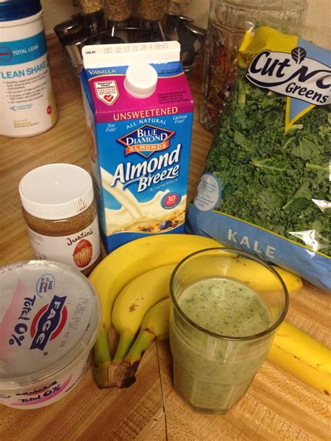 Kale Banana Smoothie Cup Of Almond Milk Ripe Bananas Handful