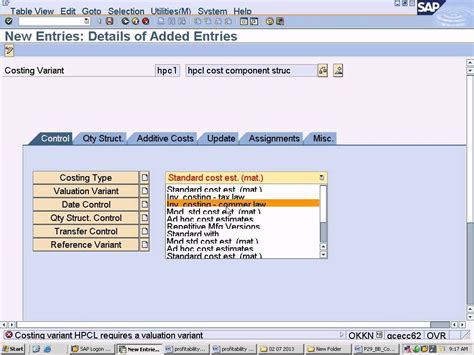 Sap Product Costing Configuration Creating Costing Variant T Code Okkn