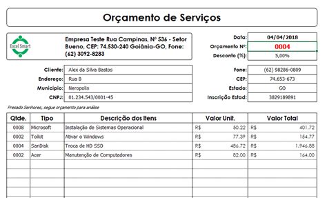 Atualização da planilha para gerar orçamento e salvar em PDF Excel Smart