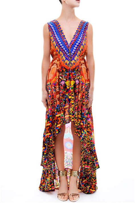 Shahida Parides V Neck Embellished Hi Low Dress In Heritage Swank