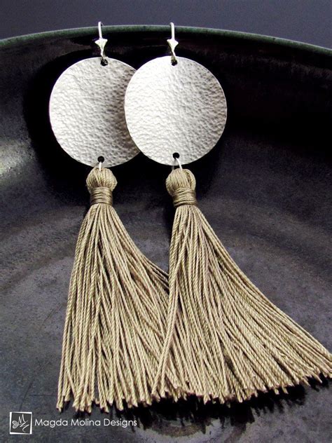 The Hammered Full Moon Silver Earrings With Handmade Silk Tassel Silver Jewelry Handmade