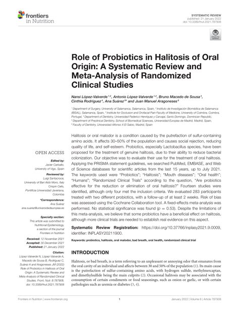 Pdf Role Of Probiotics In Halitosis Of Oral Origin A Systematic