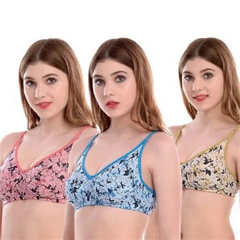 Non Padded Cream Blue Pink Printed Bra For Daily Wear Size 28 30 32