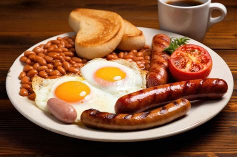 A Satisfying Breakfast Plate Featuring Eggs Sausages And Beans On A