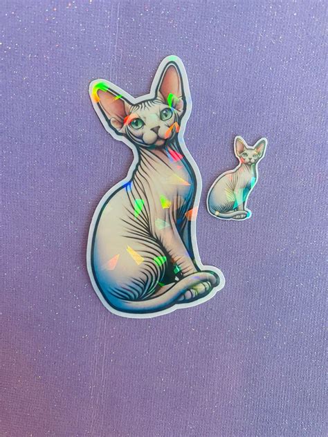 Cute Sphynx Cat Holographic Sparkle Sticker Naked Cat Art Hairless