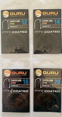 GURU SUPER LWG EYED BARBLESS COARSE HOOKS PTFE COATED IN SIZES 12 20