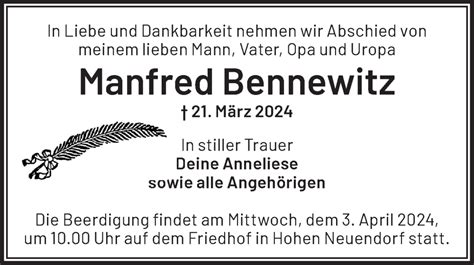 Traueranzeigen von Manfred Bennewitz Märkische Onlinezeitung Trauerportal