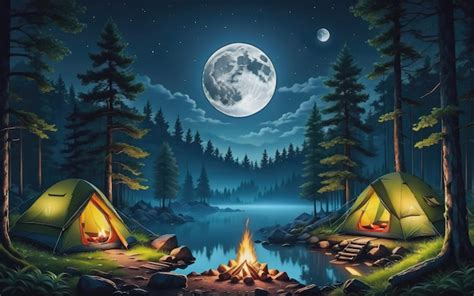 Paisaje Nocturno En El Bosque Con Luna Llena De Campamento Foto Premium