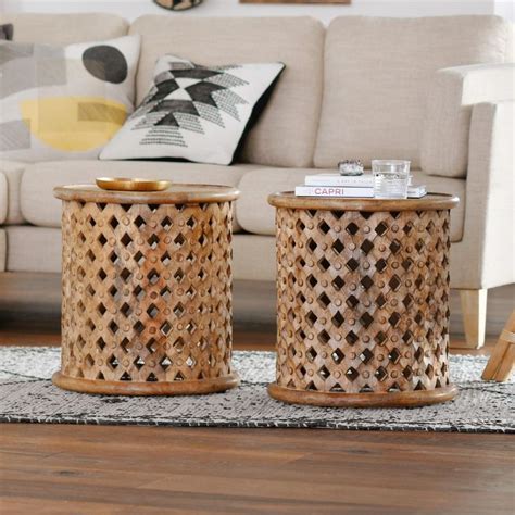 Round Aged Driftwood Carved Wood Lattice Accent Table By World Market Wood Accent Table Side