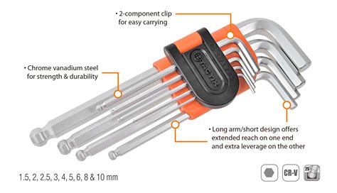 Juego De Llave Allen Larga De Bola Metrico 9 Pzs Tactix PernosKIM