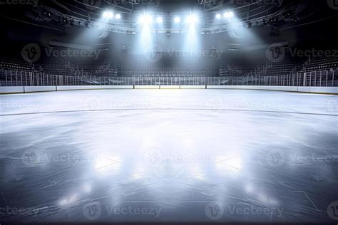 ai generated frosty arena empty ice rink illuminated  spotlights